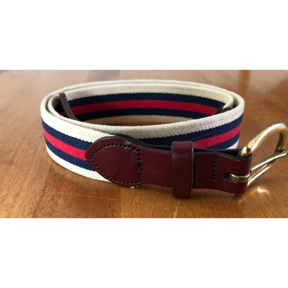 Leather Man Ltd Canvas Belt YOUTH Boys Size 26 Striped Blue Red Cream Leather US
